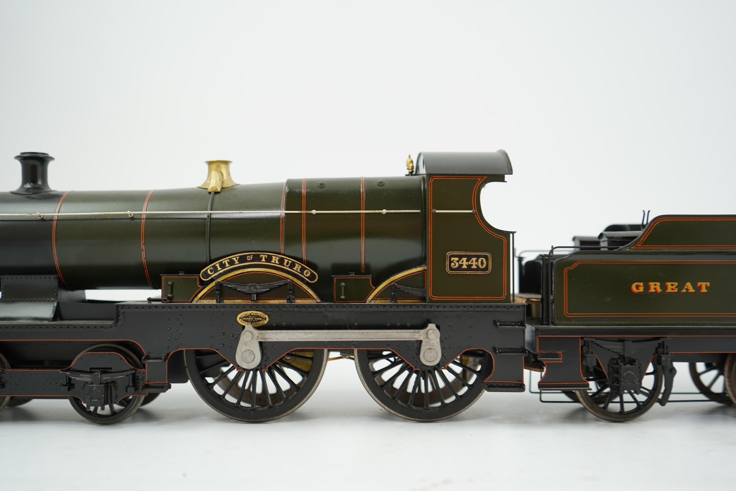 A Gauge One Cherry Scale Models (No. 60) model of GWR Class 37xx City of Truro 3440, 4-4-0 tender locomotive, powered for two rail operation.